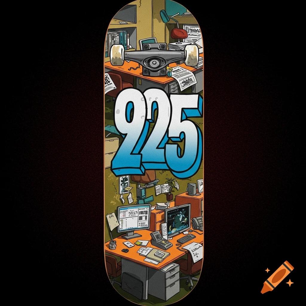 Painting on a skateboard deck showing a detailed office scene with desks, computers, and paperwork, featuring large blue and white numbers '925'