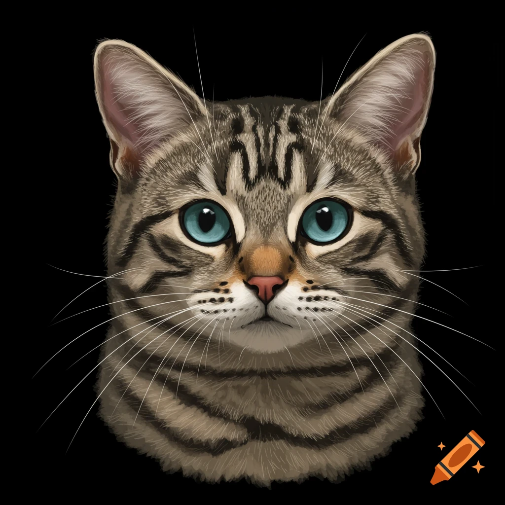 A tabby cat face with blue eyes on a black background