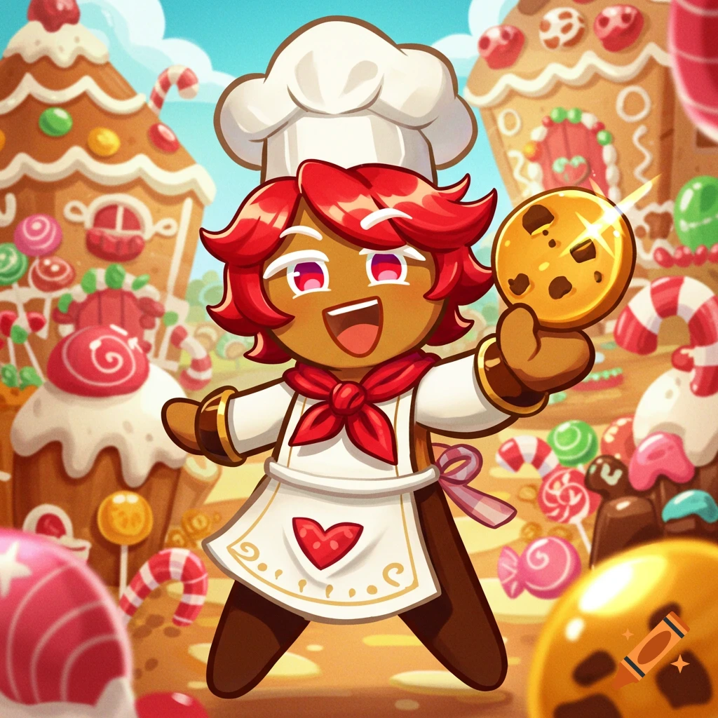 Cartoon gingerbread chef holds a cookie in a candy land setting.
