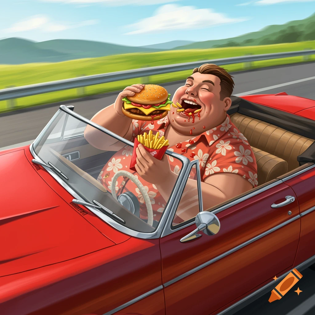 Cartoon man happily eating a burger and fries in a red convertible on a highway.