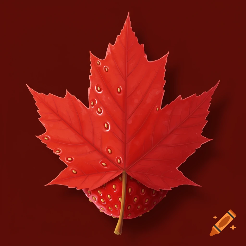 A red maple leaf textured like a strawberry is set against a red background.