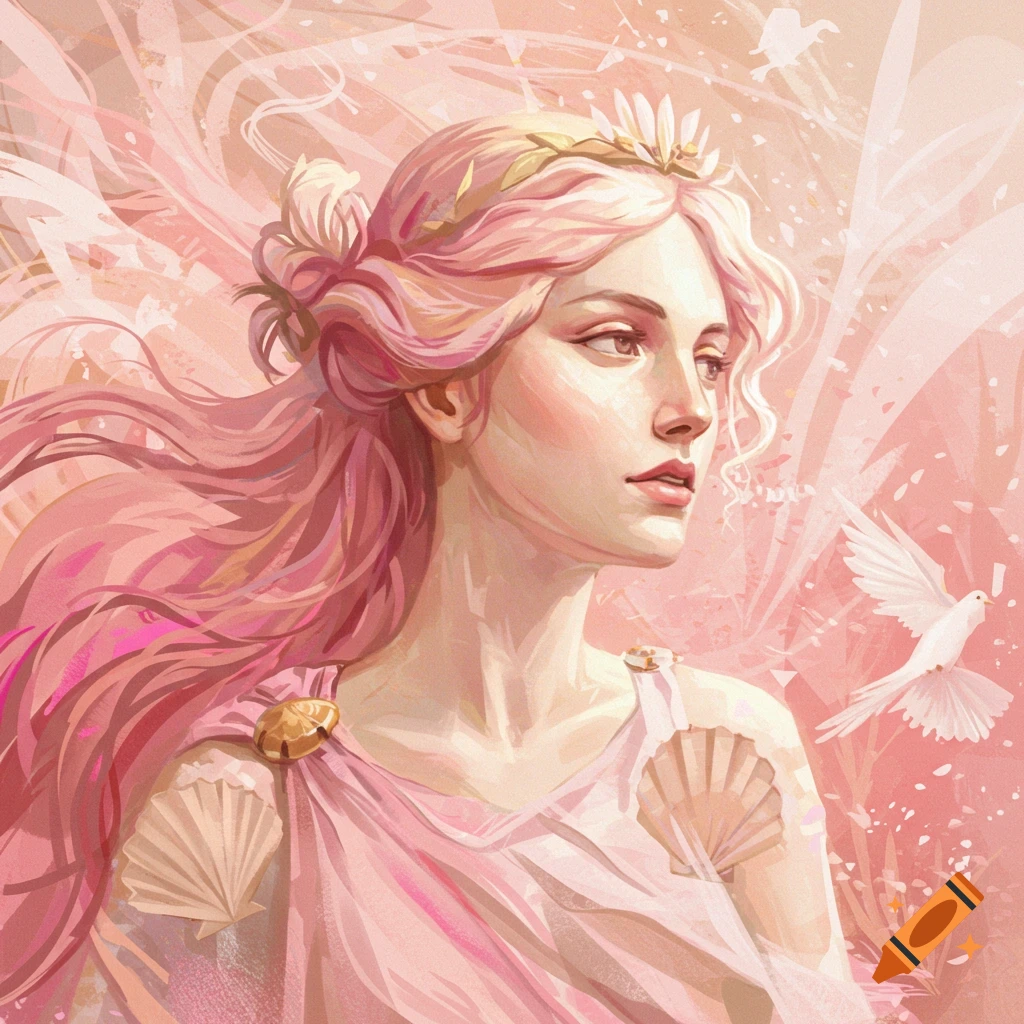 Portrait of a woman with pink hair and doves, styled as a goddess with shell details.