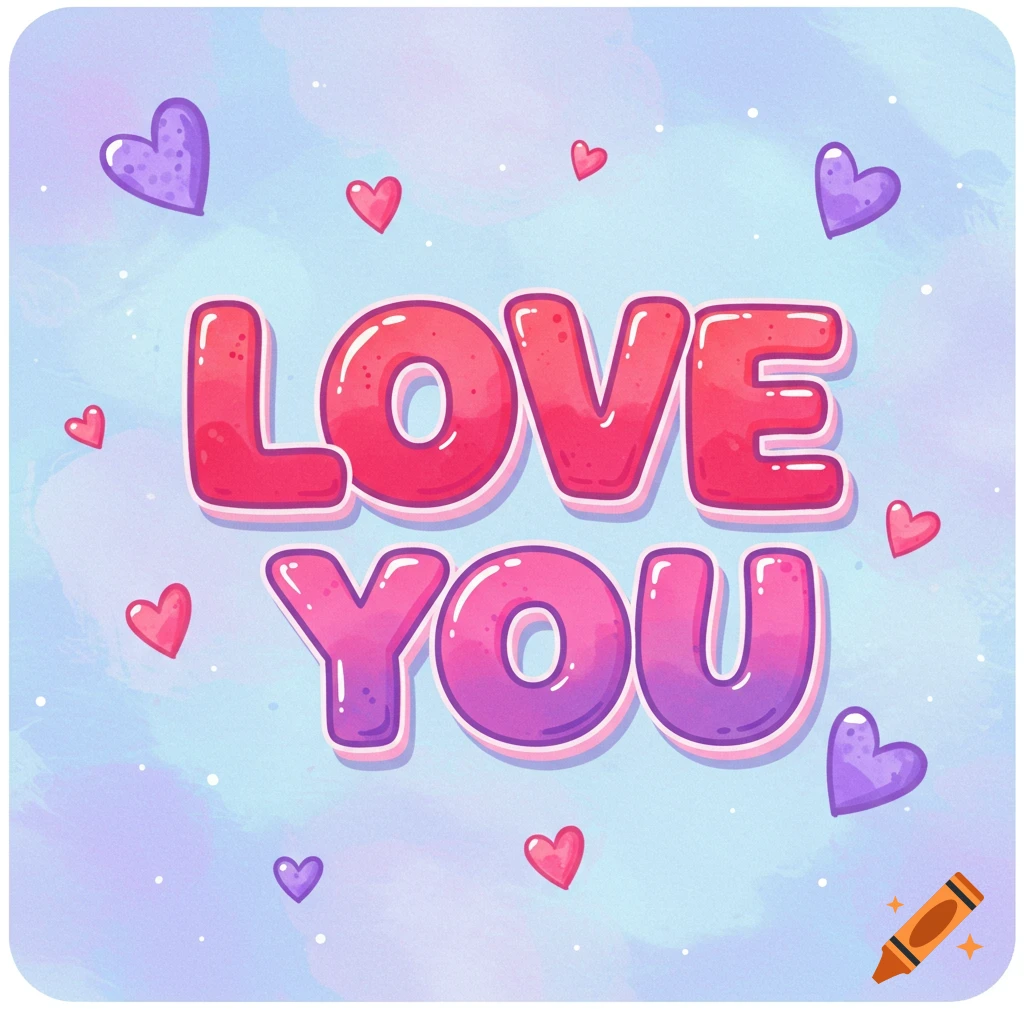 Colorful bubbly text spells LOVE YOU surrounded by pink and purple hearts on a soft background, digital illustration.