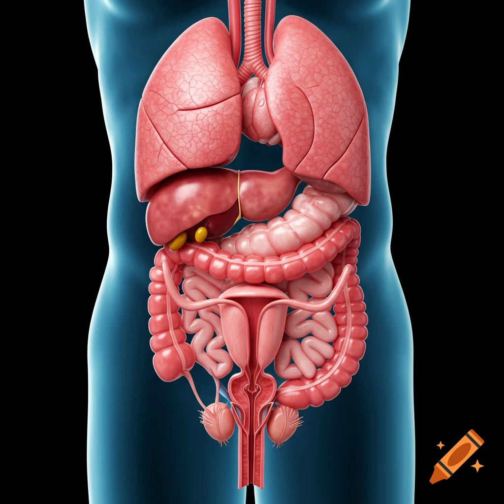 Detailed 3D medical illustration of human internal organs, including lungs, liver, intestines, stomach, bladder, and male and female reproductive systems.