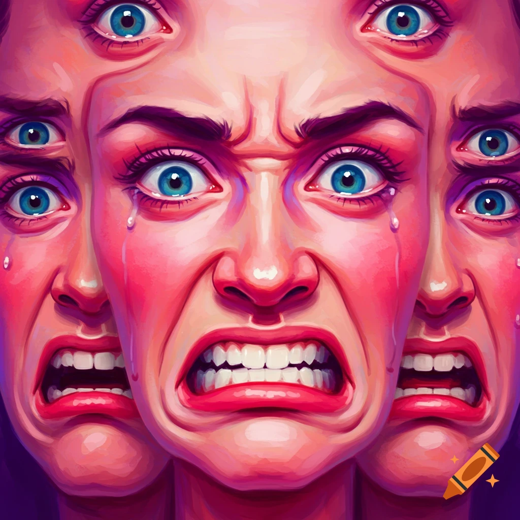 Multiple distorted faces with extra eyes, tears, and open mouths, showing fear and anger.