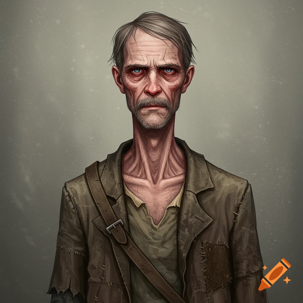A gaunt older man with blue eyes, mustache, and ragged clothes.