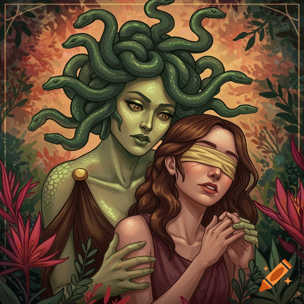 Medusa holding a blind woman in a mystical forest.