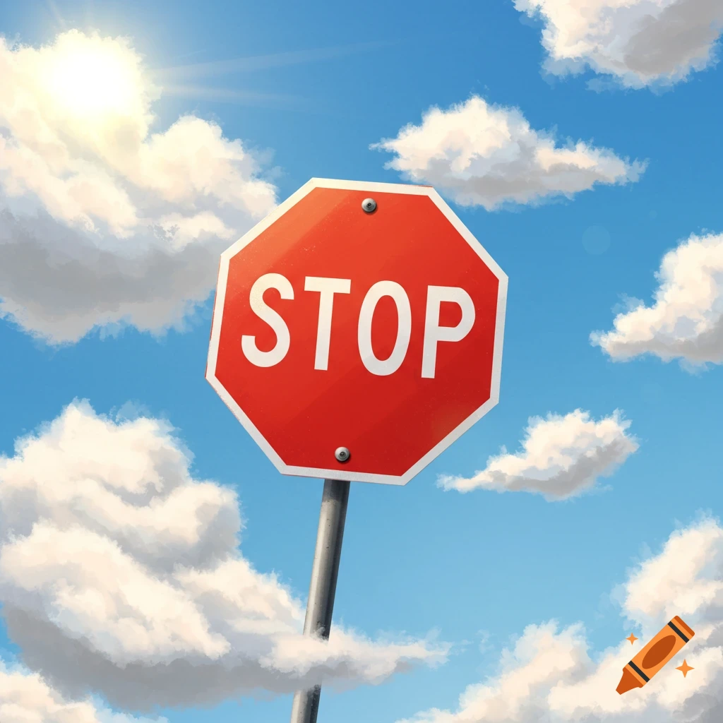 A red stop sign against a bright blue sky with clouds and sun.