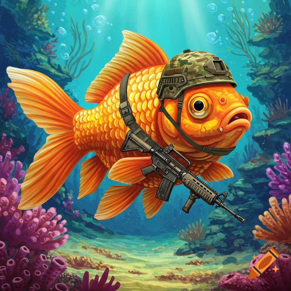 A goldfish wearing a camouflage helmet and holding a rifle while swimming in a coral reef.