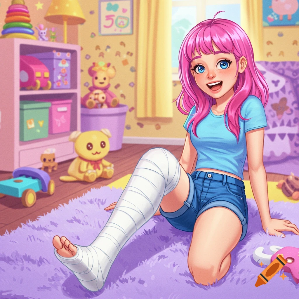 A girl with pink hair and a leg cast is sitting in a room filled with toys.