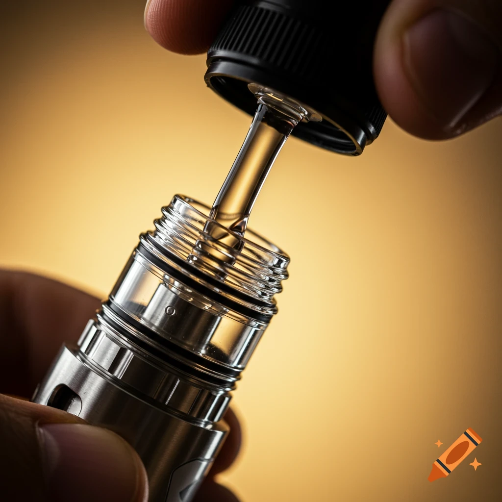 Close-up photo of a hand using a dropper to fill a metal and glass vape tank with liquid.
