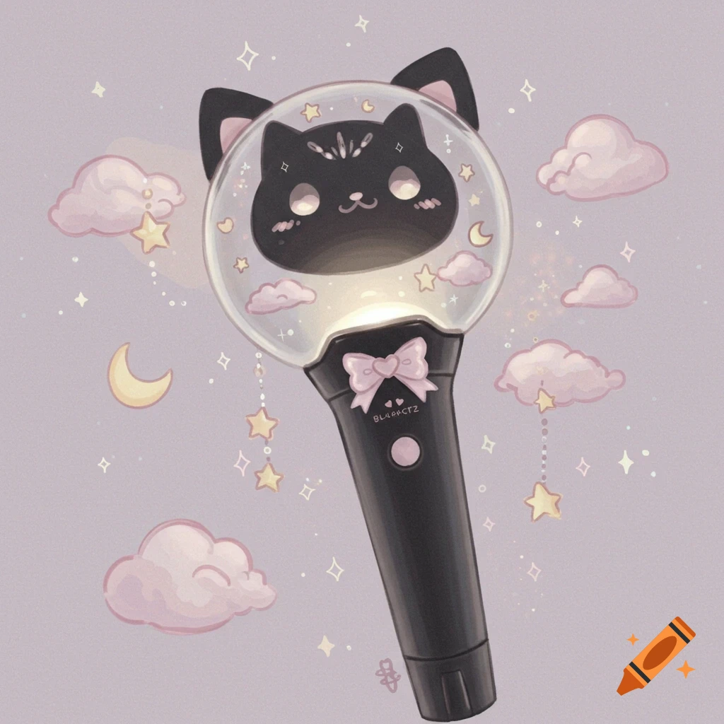 A cute K-pop lightstick shaped like a black cat head with a pink bow, surrounded by stars and clouds.