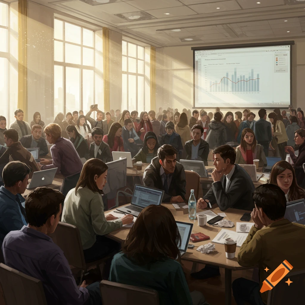 A large group of people attending an overcrowded conference or classroom, looking at a projector screen.