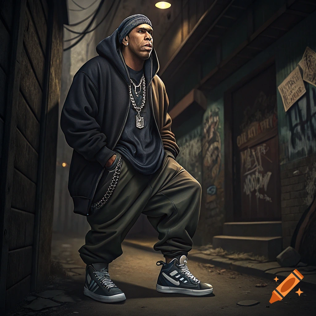 A man dressed as a gang member stands in a dark alleyway. He wears a beanie, hoodie, baggy pants, and chains, with his hands in his pockets.