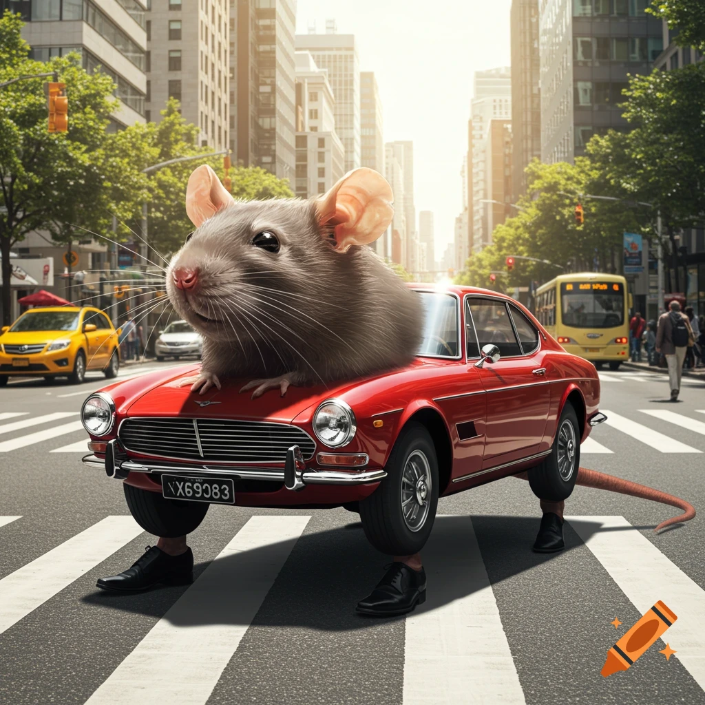 Giant rat in a red car with human legs walks across a city street crosswalk.