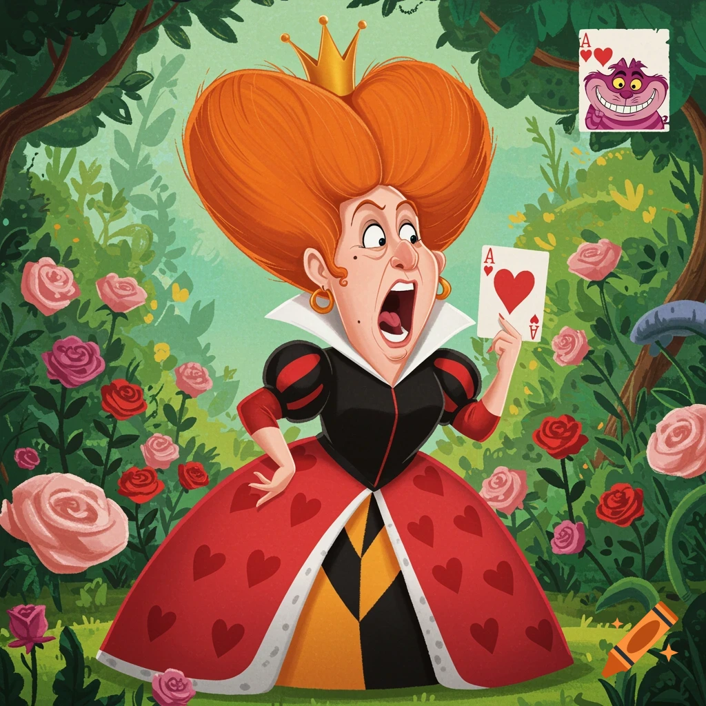 A cartoon illustration of the Queen of Hearts in a garden holding an ace of hearts, with the Cheshire Cat above.