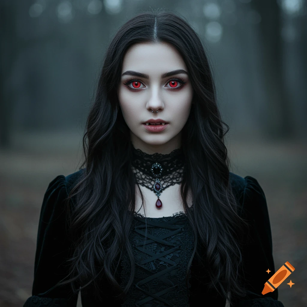 Portrait of a vampire girl with red eyes and fangs in a dark forest.