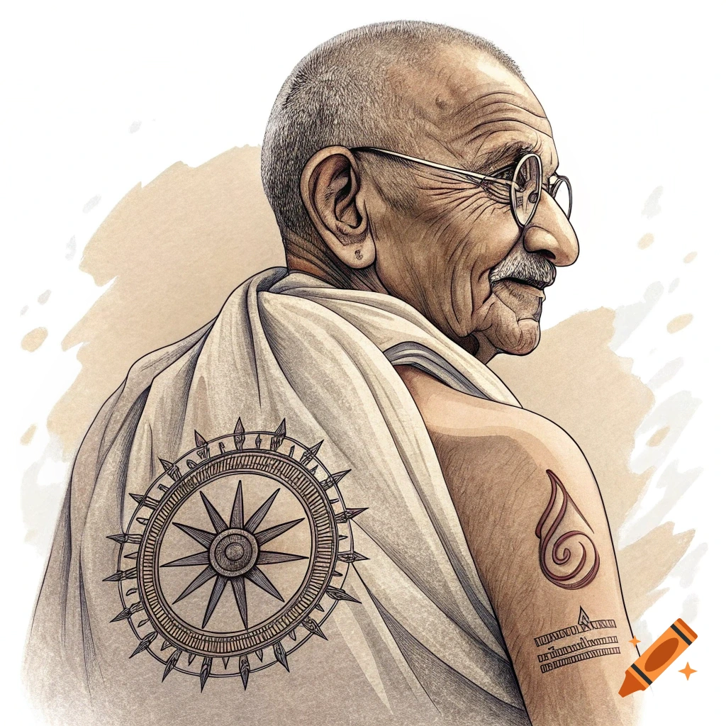 Stylized watercolor and pen illustration of Mahatma Gandhi with arm tattoos.