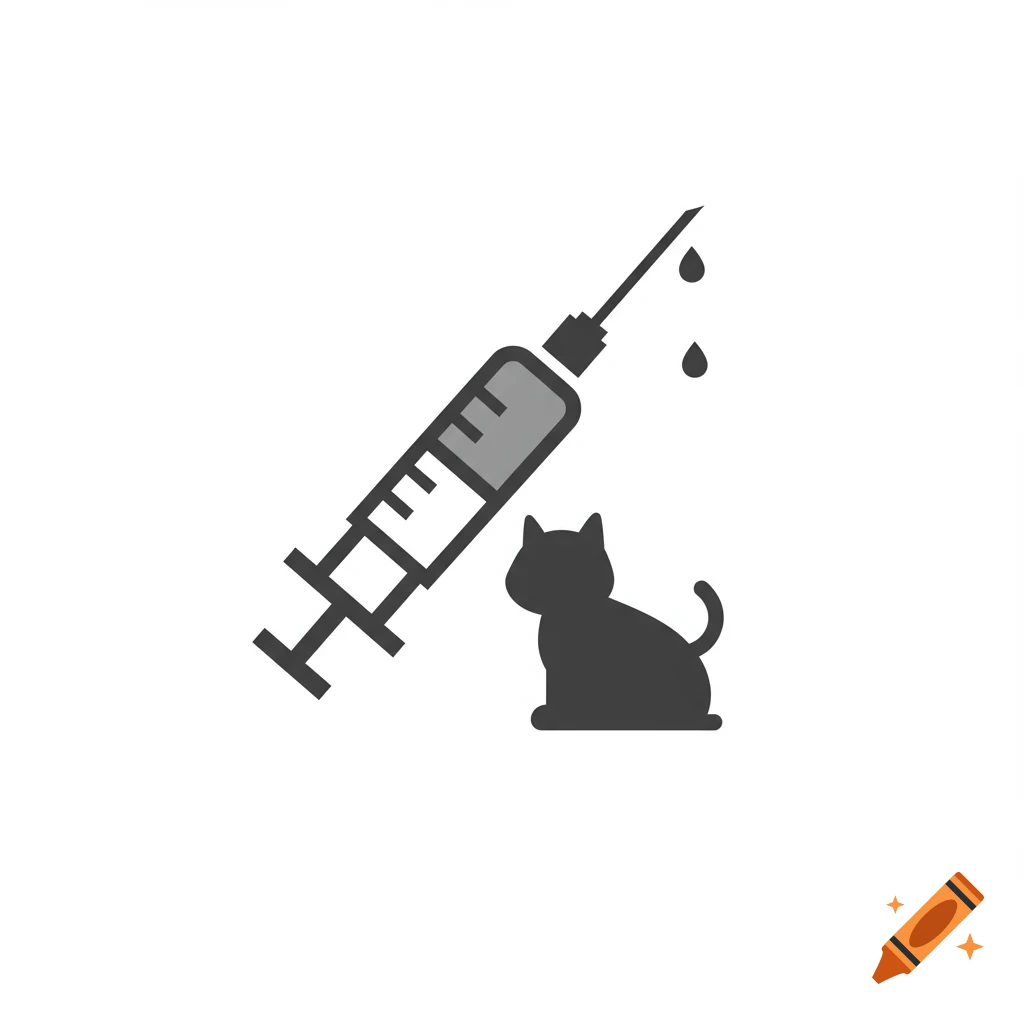 Flat vector illustration of a syringe, drops of liquid, and a sitting cat.