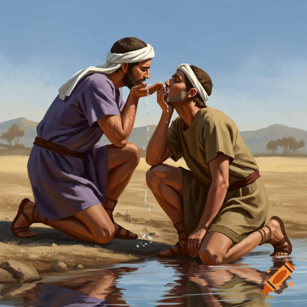 Two men in ancient clothing are kneeling by a stream, scooping water with their hands to drink.