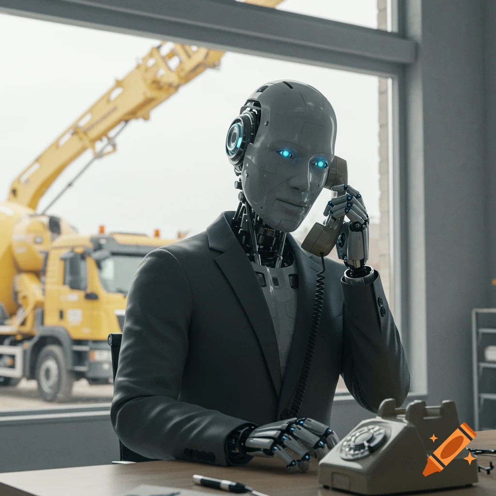 Photorealistic image of a robot in a suit talking on a vintage phone at a desk in an office with a concrete truck outside the window.