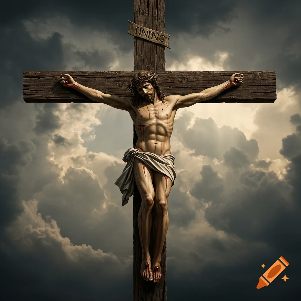 A depiction of Jesus on the cross with a sign and dramatic clouds.