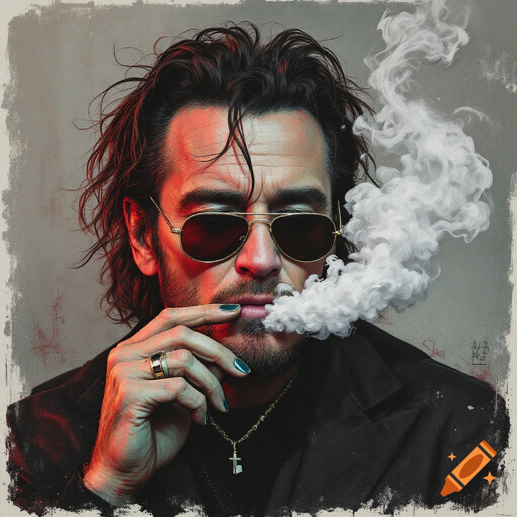 Dramatic portrait of a man resembling Bono wearing sunglasses and smoking
