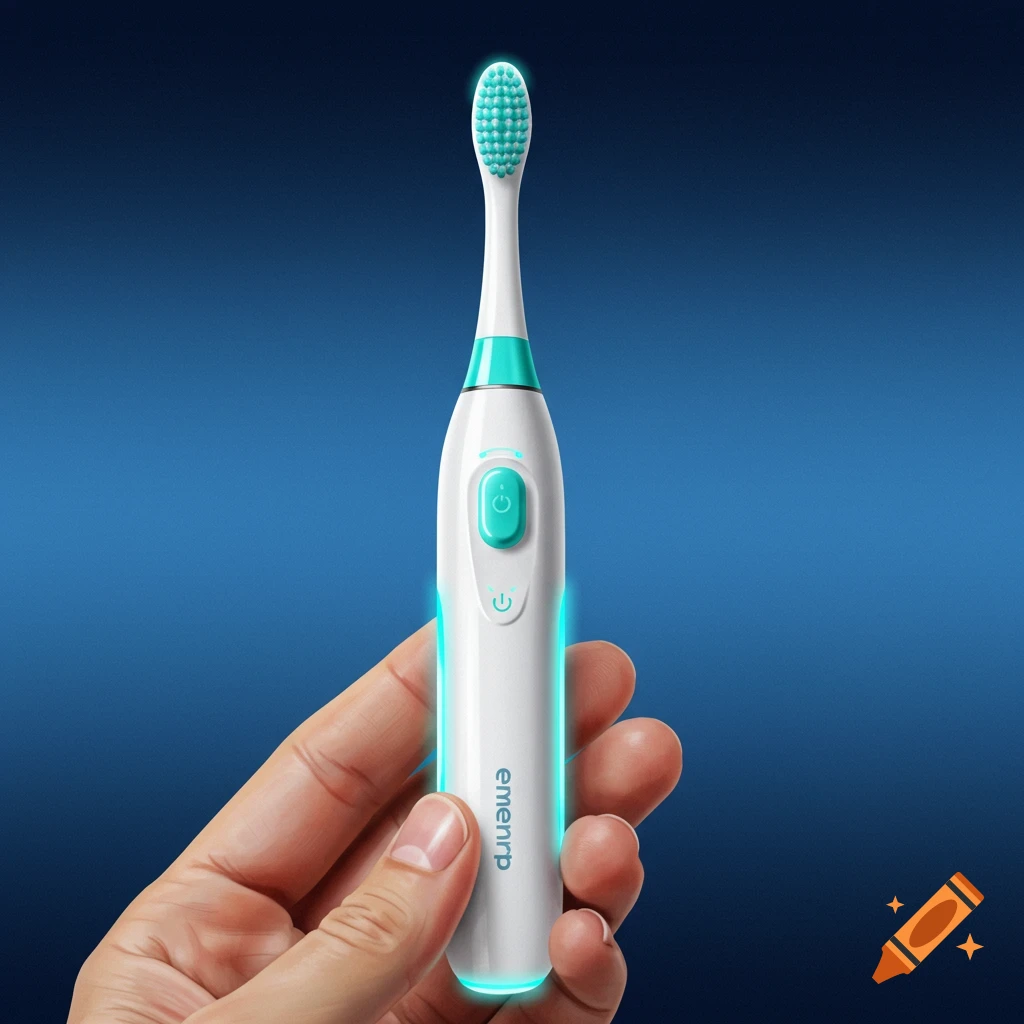 Hand holding a white electric toothbrush with glowing blue light effects against a blue background.