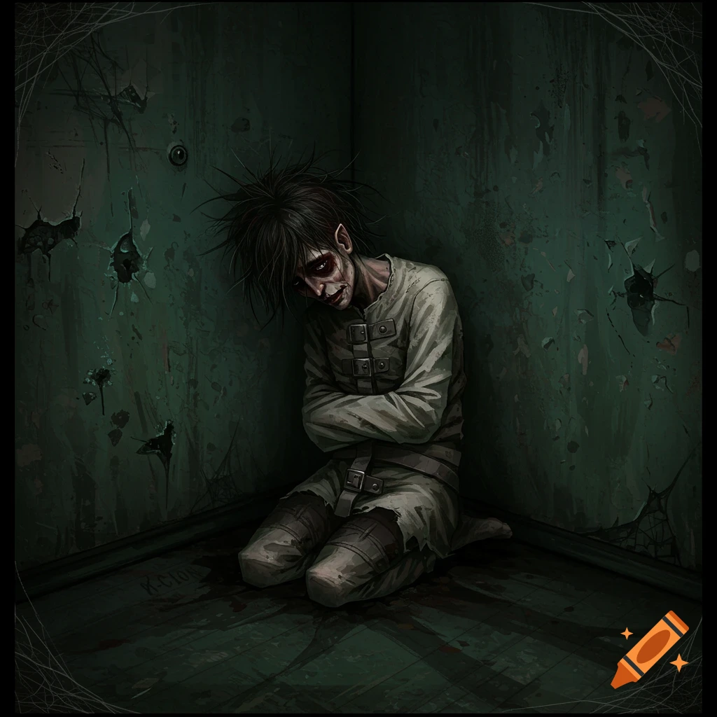 A person in a straightjacket is kneeling in the corner of a dark, dirty room.