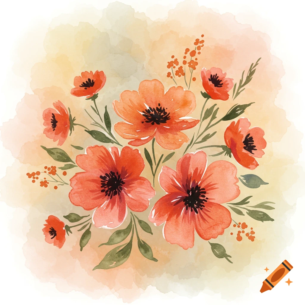 A watercolor painting of orange flowers and green leaves on a blended background.