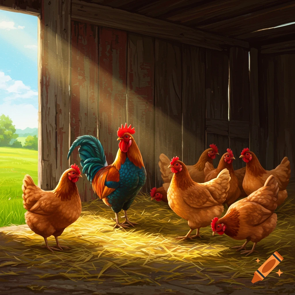 A rooster and chickens inside a barn.