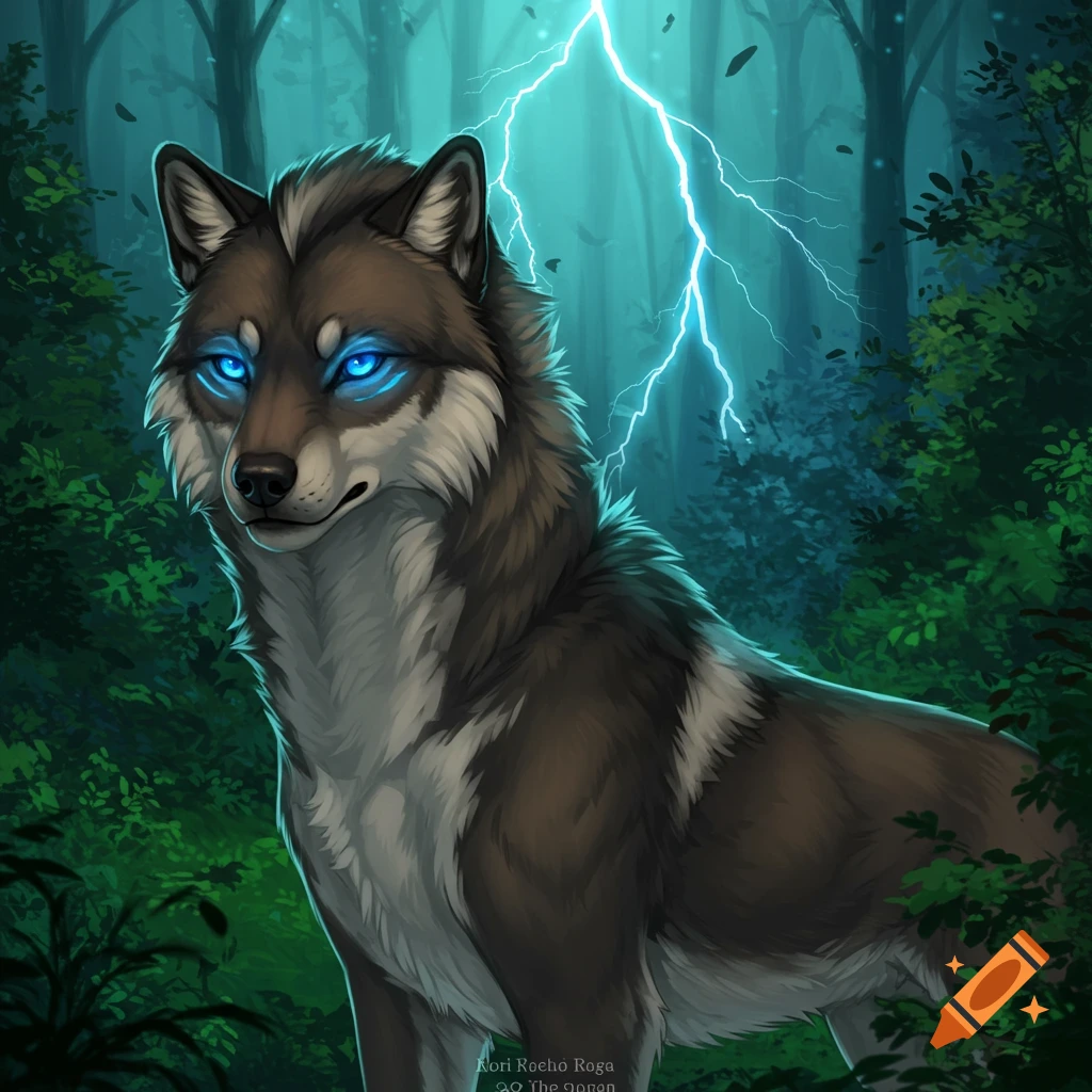 A wolf with glowing blue eyes standing in a forest with lightning.