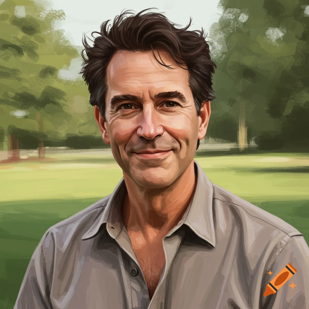 A man with brown hair is smiling in a park