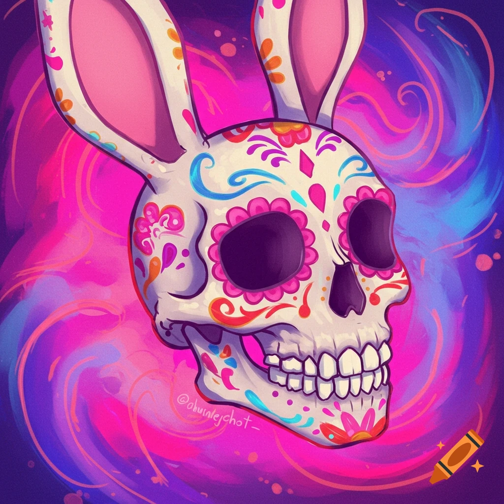 A sugar skull with bunny ears, decorated with colorful patterns.