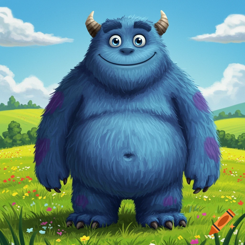 Friendly blue furry monster standing in a field of wildflowers.