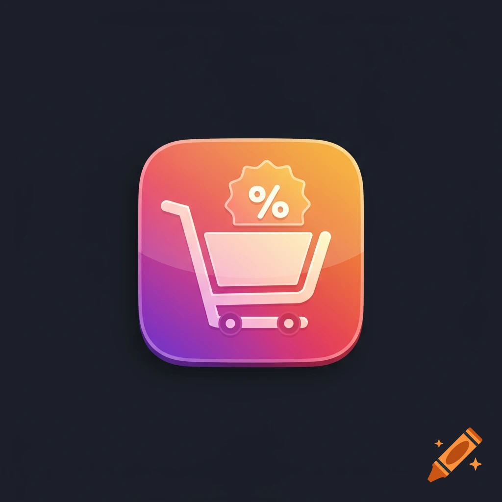 App icon featuring a shopping cart and percentage symbol in a gradient rounded square.