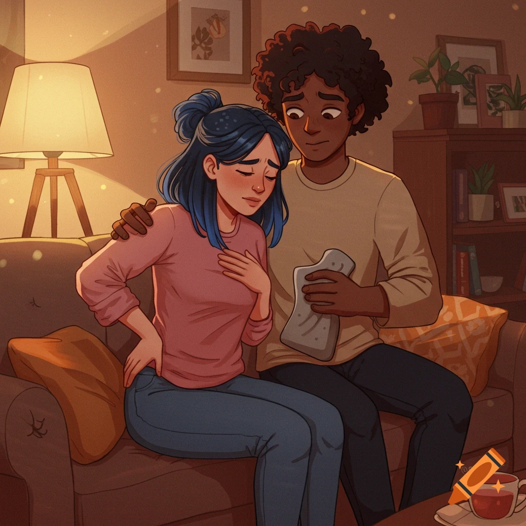 Cartoon illustration of a man caring for a woman with a backache on a couch in a warm room.