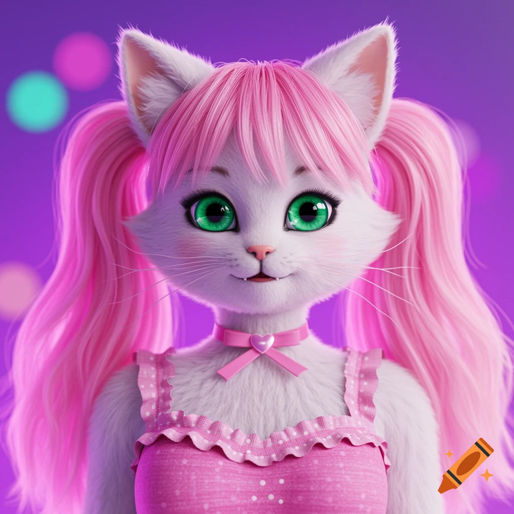 An anthropomorphic white cat with pink pigtails, green eyes, and a pink frilly dress.