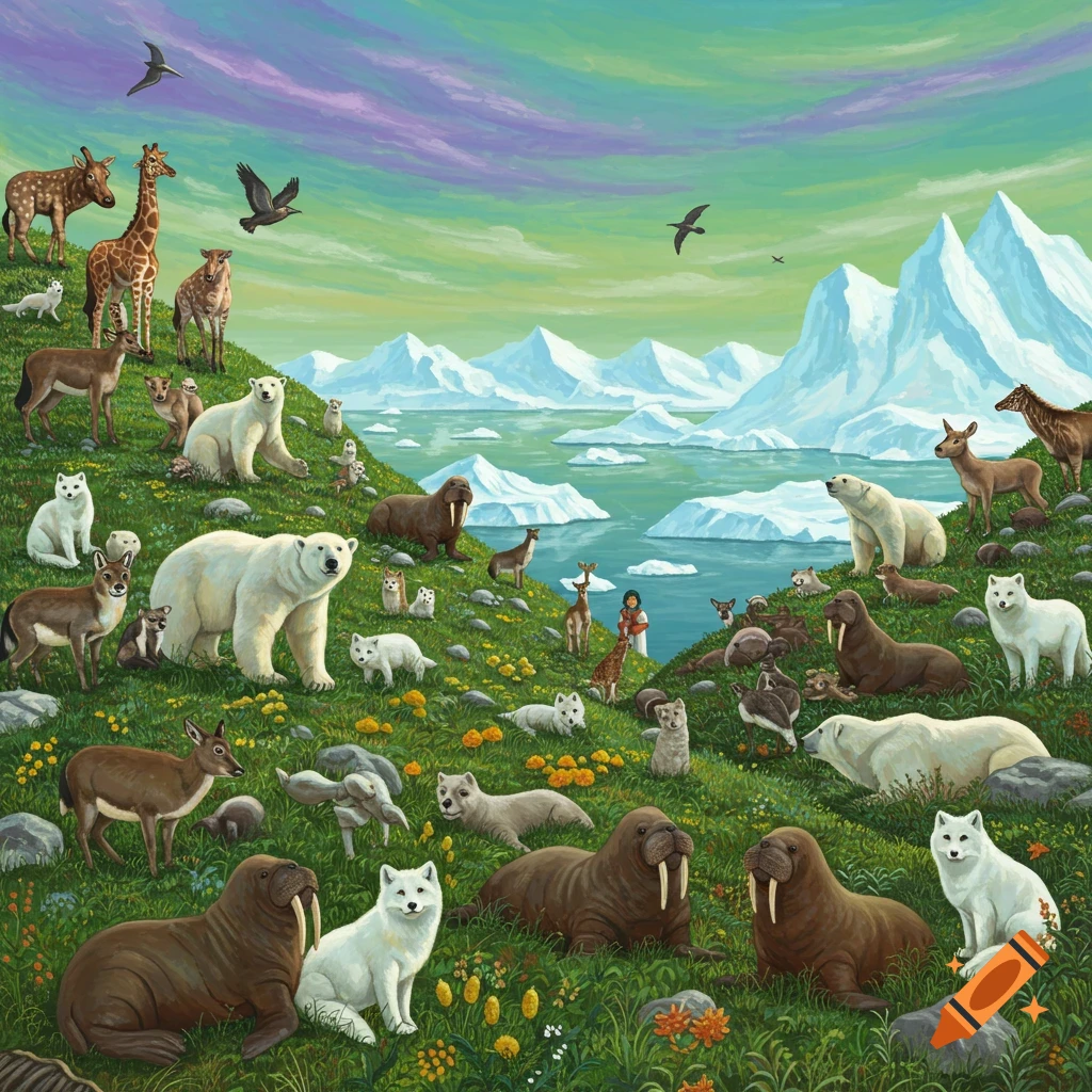 A green hillside is covered with various animals including polar bears, walruses, deer, foxes, and a giraffe, against a backdrop of icebergs and mountains.