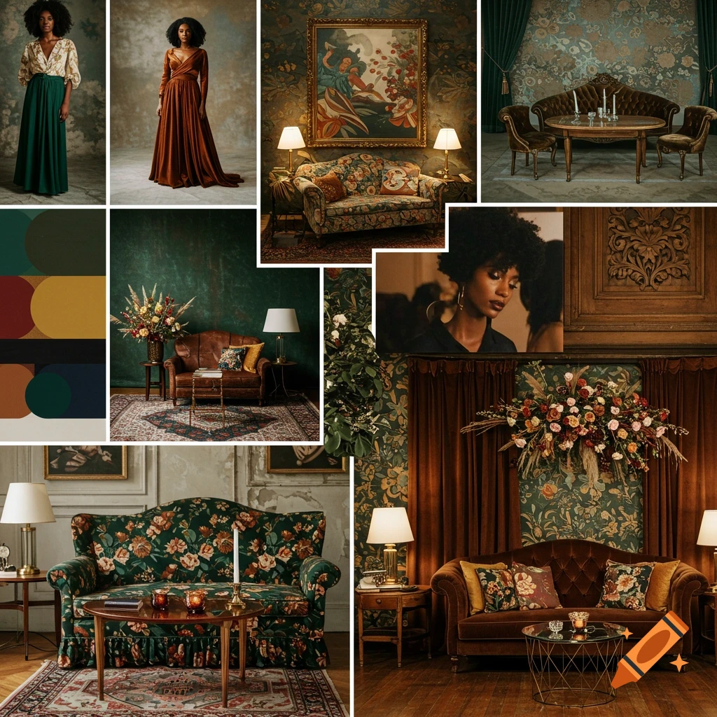 Mood board collage with images of women in vintage dresses, velvet furniture, floral arrangements, a painting, and a color palette swatch.