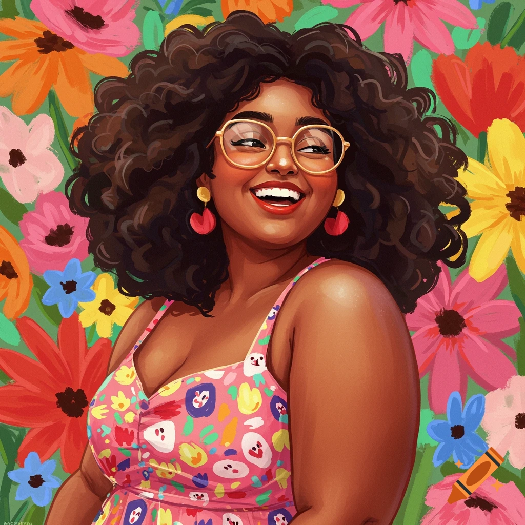 Smiling woman with curly hair and glasses in floral dress against a background of colorful flowers.