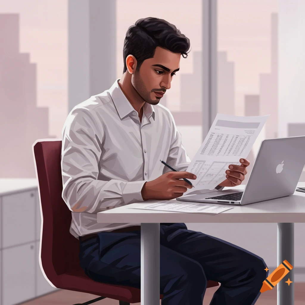 A man in a white shirt reviewing documents at an office desk with a laptop.