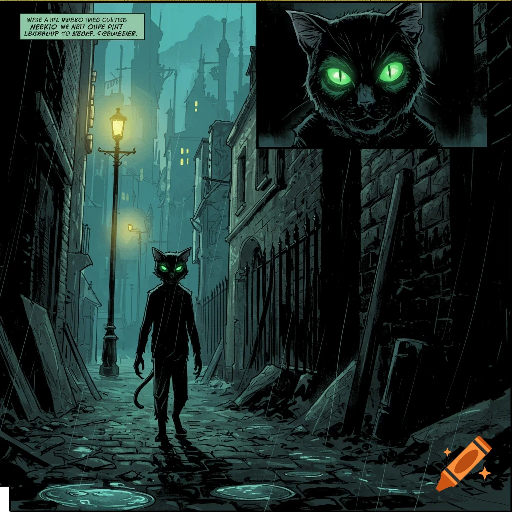 A black cat-like figure with glowing green eyes walks down a dark, rainy alley in a comic book style.