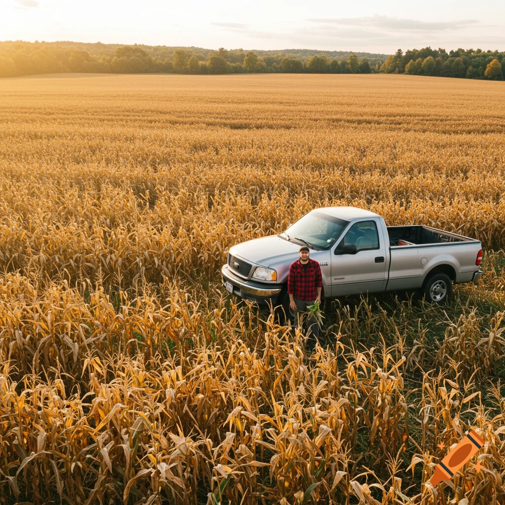 Man in plaid stands next to a silver pickup truck in a sunny cornfield.