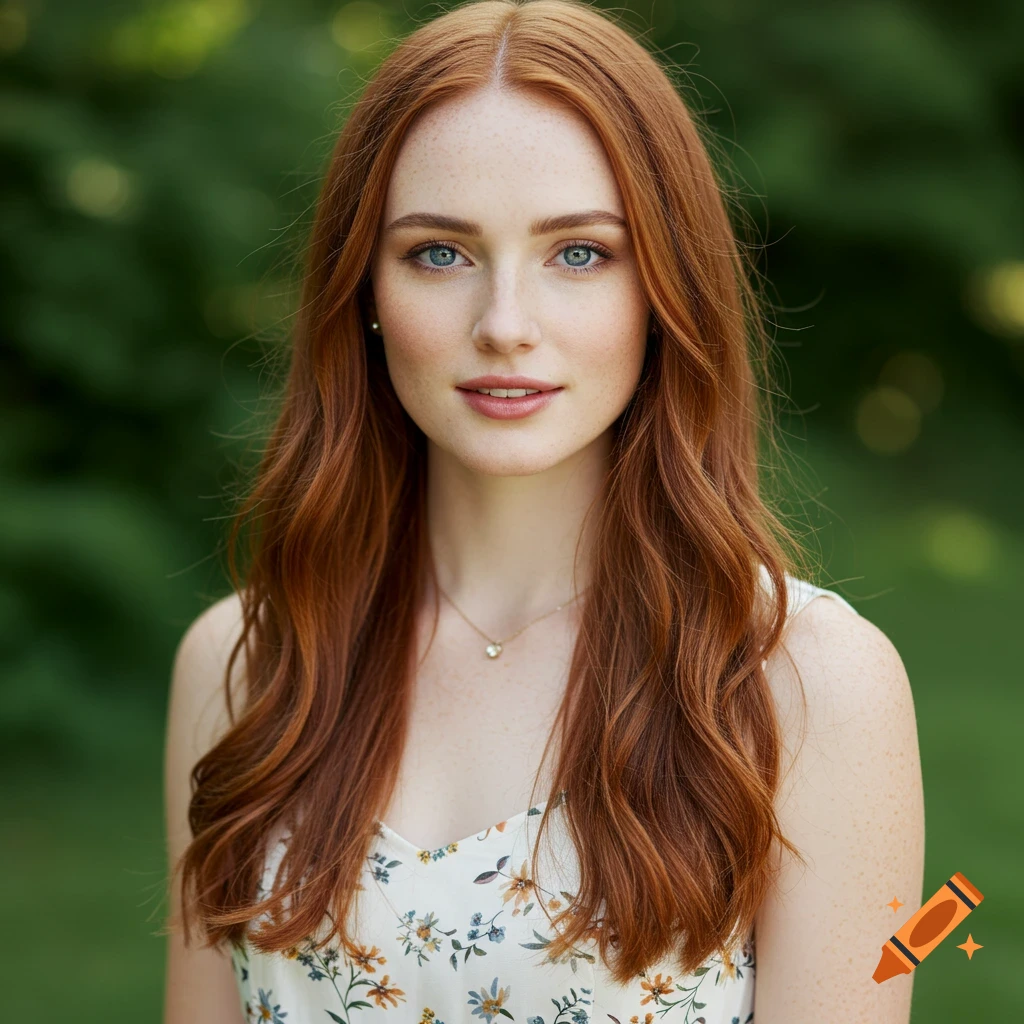 A portrait of a young woman with long red hair and freckles, wearing a floral dress, against a green background.