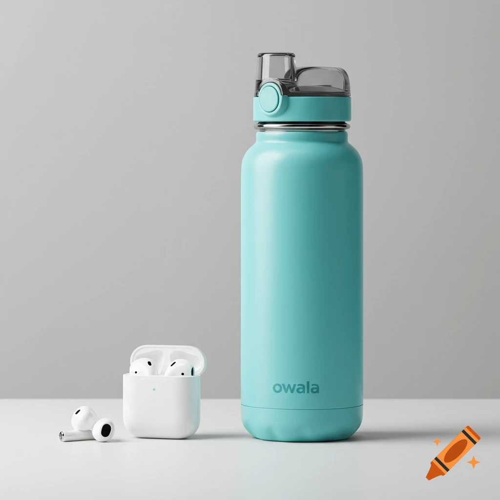 Turquoise water bottle and white wireless earbuds