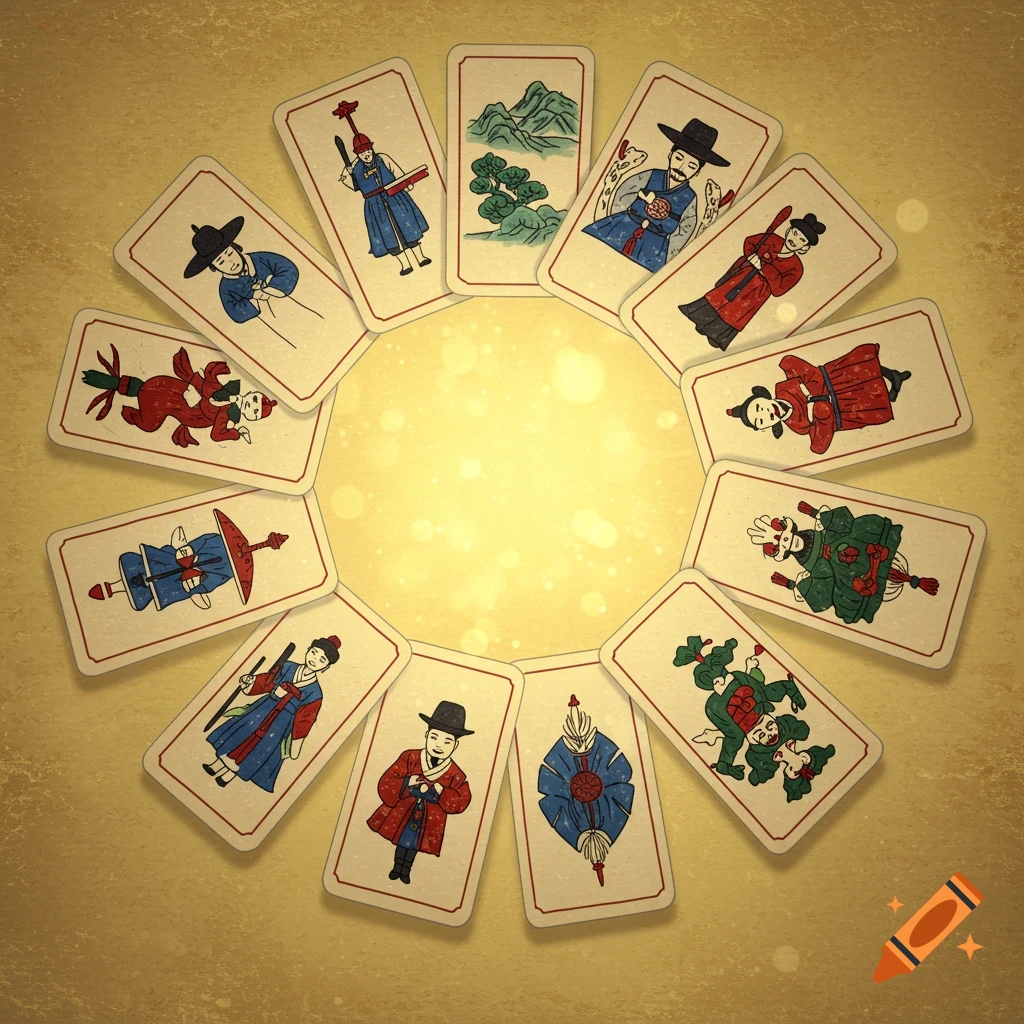 Stylized Hwatu playing cards arranged in a circle