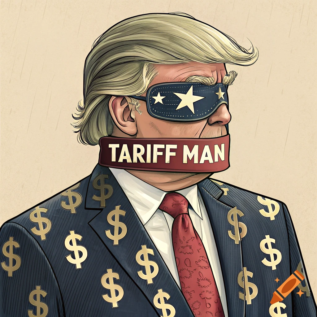 Illustration of a man resembling Donald Trump wearing a blindfold, a red band around his neck saying "TARIFF MAN", and a suit covered in dollar signs.
