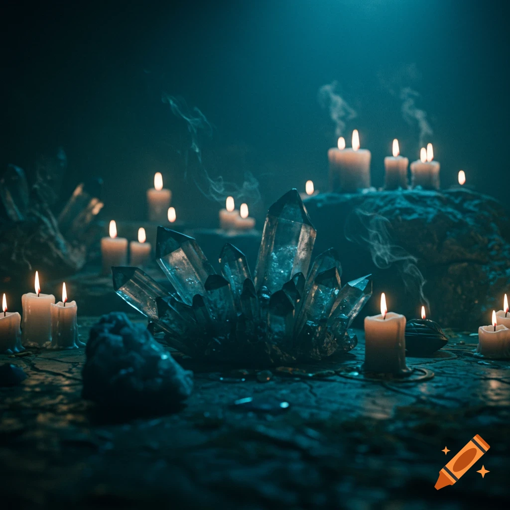 A dark, mystical photo featuring a large crystal cluster surrounded by lit candles and smoke.