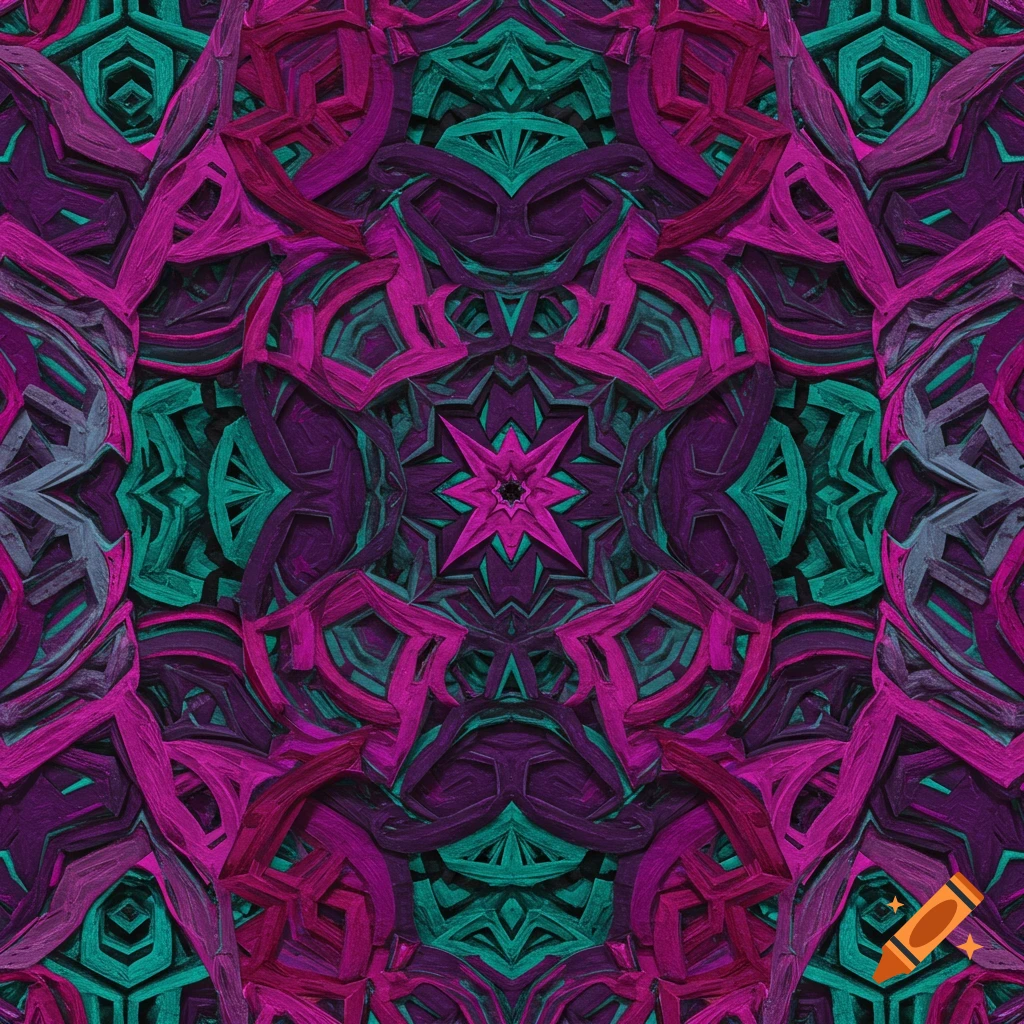 Abstract symmetrical pattern with textured purple, magenta, and teal shapes